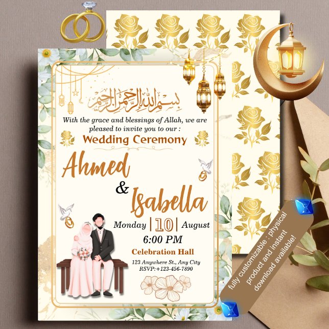 Elegante White Floral Gold Islamische Hochzeitfeie Einladung (Von Creator hochgeladen)