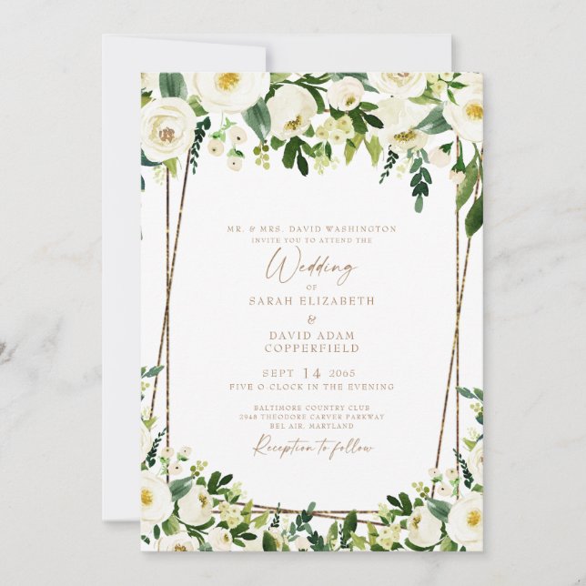 Elegante White Floral & Gold Moderne Hochzeit Einladung (Vorderseite)