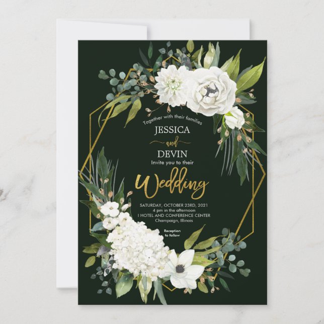 Elegante White Floral Gold Rahmen Hochzeit Einladung (Vorderseite)