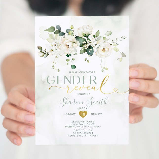 Elegante White Floral He or she Gender-Offenbarung Einladung (Von Creator hochgeladen)