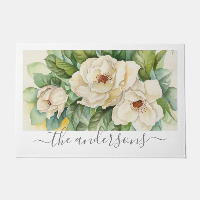 Elegante White Floral Magnolia Blume Skriptname Fußmatte (Vorderseite)