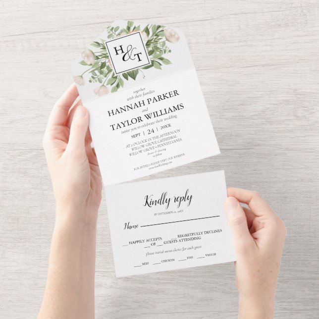 Elegante White Floral Monogram Wedding All In One Einladung (Abreißen)