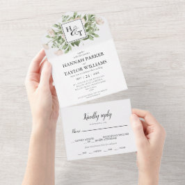 Elegante White Floral Monogram Wedding All In One Einladung