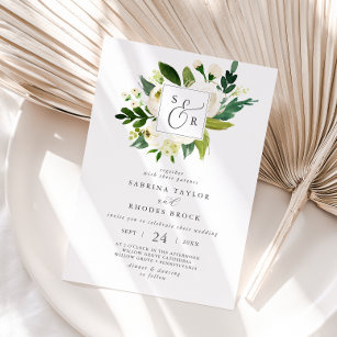 Elegante White Floral Monogram Wedding Einladung