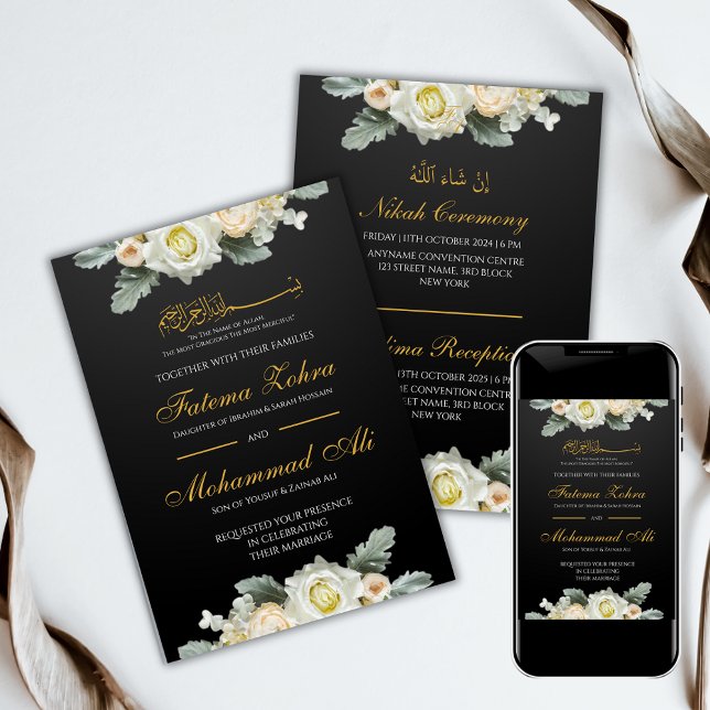 Elegante White Floral Muslim Hochzeit Einladung (Von Creator hochgeladen)