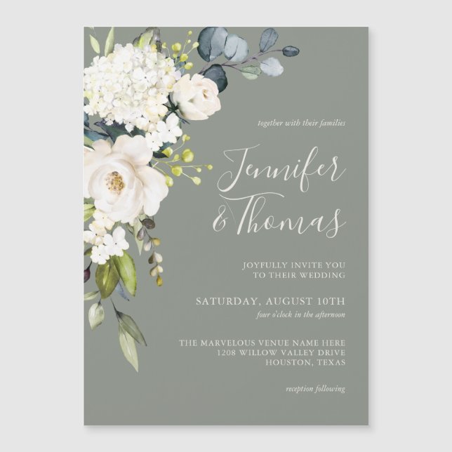Elegante White Floral Sage Green Wedding Magnetkarte (Vorderseite)