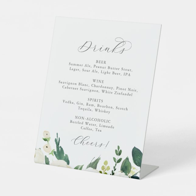 Elegante White Floral Wedding Drinks Menü Signatur Sockelschild (Vorderseite)