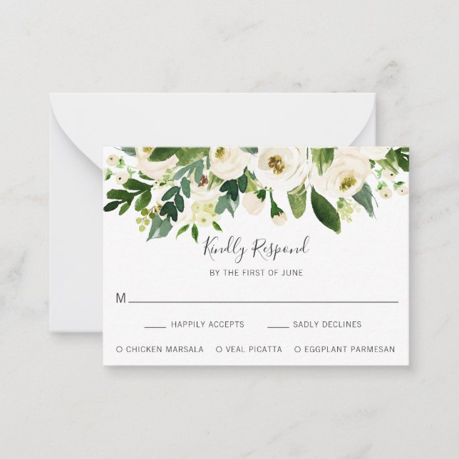 Elegante White Floral Wedding Mini RSVP Karte (Vorderseite)