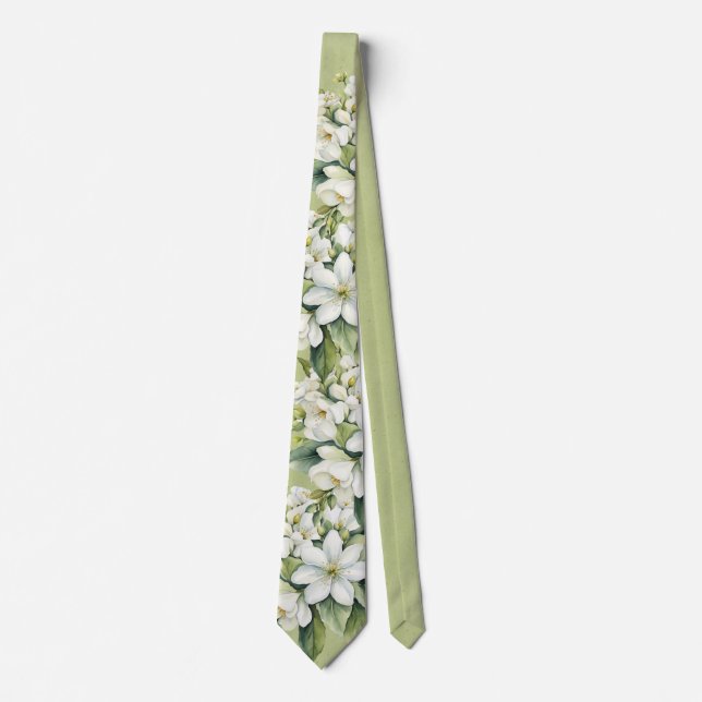 Elegante White Florals Green Groom Wedding Krawatte (Vorderseite)