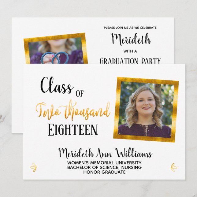 Elegante White Gold 2 Foto Trendy Graduation Party Einladung (Vorne/Hinten)