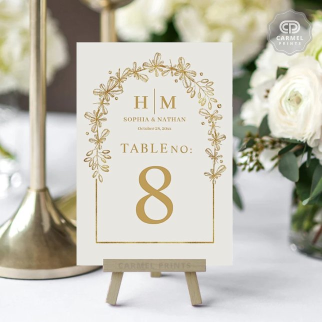 Elegante White Gold Blume Blumenhochzeit Tischnummer (Elegant White Gold Flowers Floral Wedding Table Number)