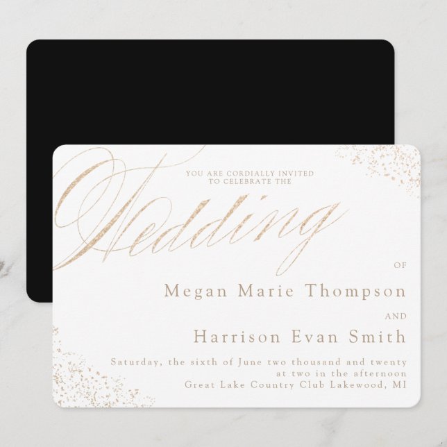 Elegante White Gold Calligraphy Wedding Einladung (Vorne/Hinten)