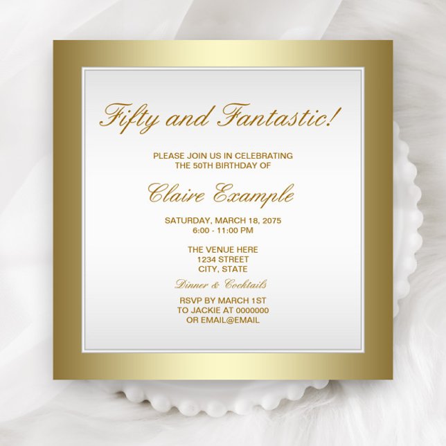 Elegante White Gold Einladung zum Geburtstag (Elegant white and gold birthday and event invitation with beautiful gold border. )