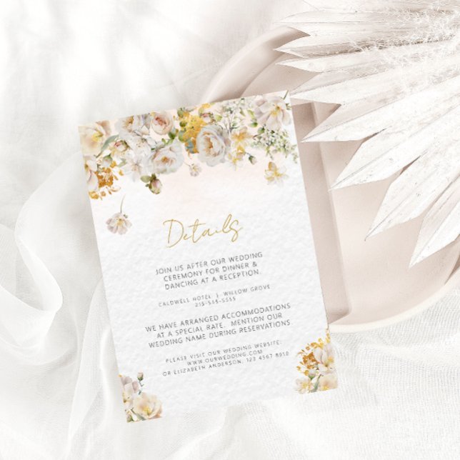 Elegante White Gold Floral Wedding Details Card Begleitkarte (Von Creator hochgeladen)