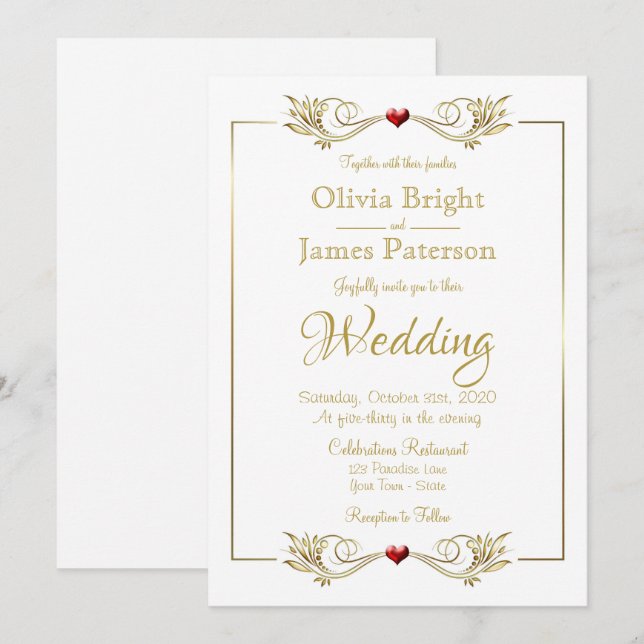 Elegante White Gold Frame Red Heart Wedding Einladung (Vorne/Hinten)