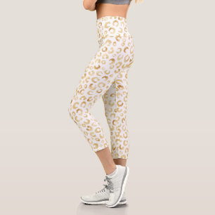 Elegante White Gold Glitzer Leopard Animal Print Capri Leggings