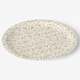 Elegante White Gold Glitzer Leopard Animal Print Pappteller