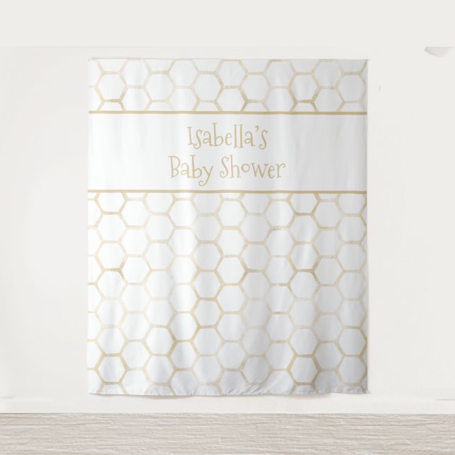 Elegante White Gold Hexagon Beehive Baby Dusche Wandteppich (Vorderseite)
