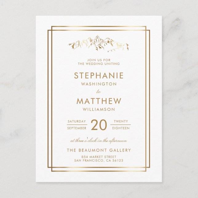 Elegante White & Gold Hochzeit Einladungspostkarte (Vorderseite)