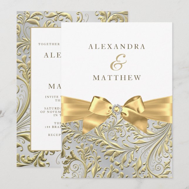 Elegante White & Gold Leaf Bow Wedding Einladung (Vorne/Hinten)