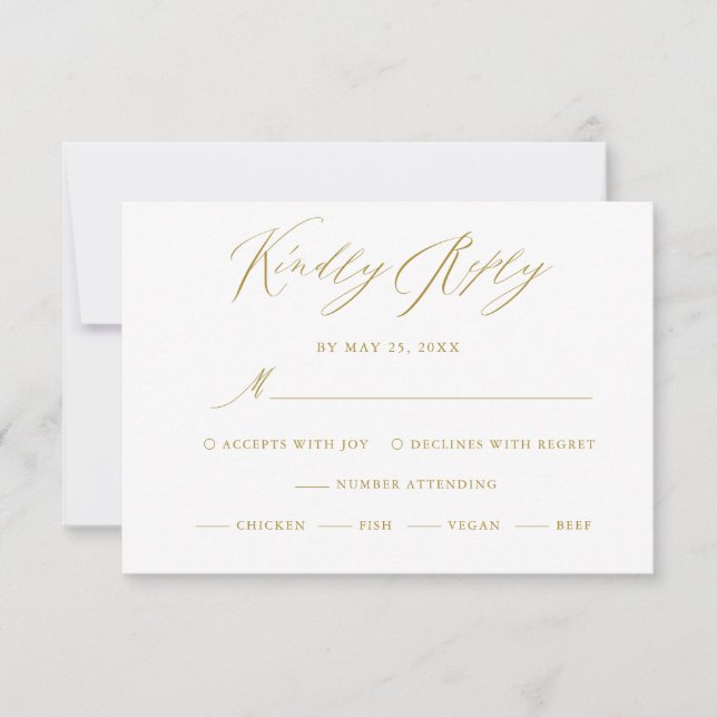 Elegante White Gold Moderne Script Wedding RSVP Ca Karte (Vorderseite)