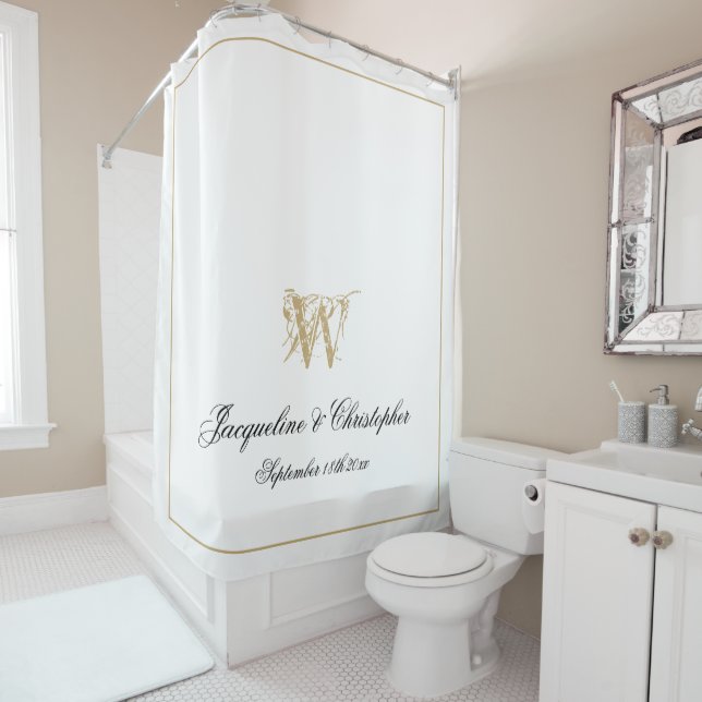 Elegante White Gold Monogram Names New Wedding Duschvorhang (Beispiel)