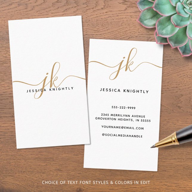 Elegante White Gold Monogram Script Initials Visitenkarte (Von Creator hochgeladen)