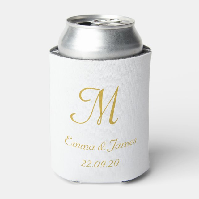 Elegante White Gold Monogram Wedding Party Gefalle Dosenkühler (Kanne Vorderseite)