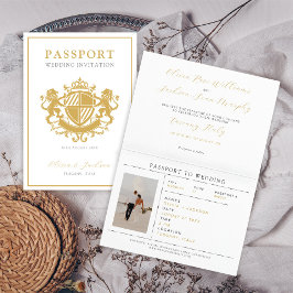 Elegante White & Gold Passport Hochzeit in Urlaubs Einladung