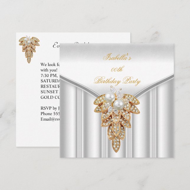 Elegante White Gold Pearl Birthday Party Einladung (Vorne/Hinten)