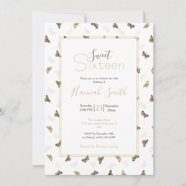 Elegante White Gold Schmetterlinge Einladung (Vorderseite)