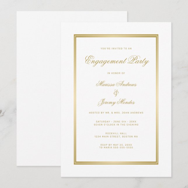 Elegante White Gold Script Engagement Party Einladung (Vorne/Hinten)