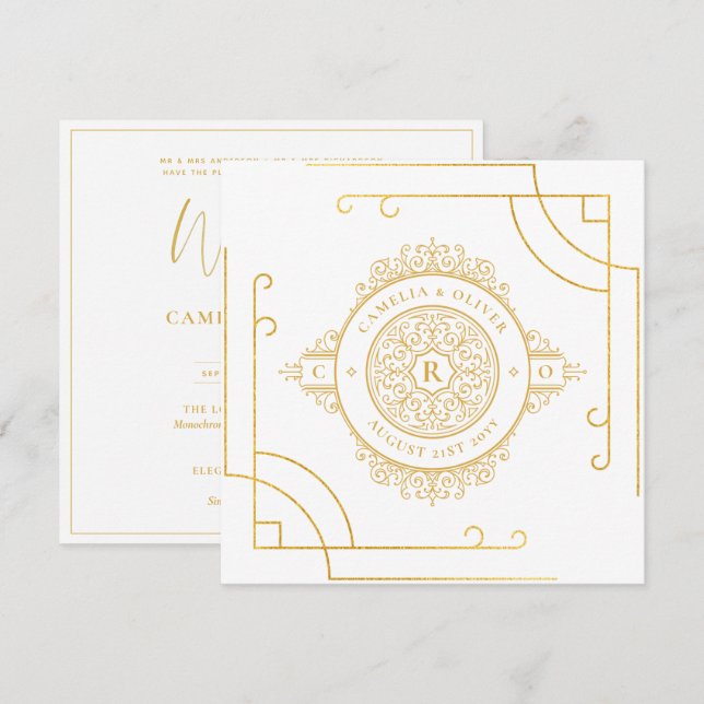 Elegante White Gold Verziert Square WEDDING Classi Einladung (Vorne/Hinten)