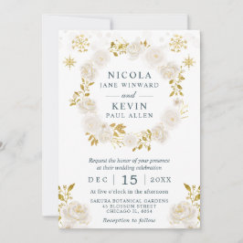 Elegante White & Gold Winter Floral Wreath Wedding Einladung