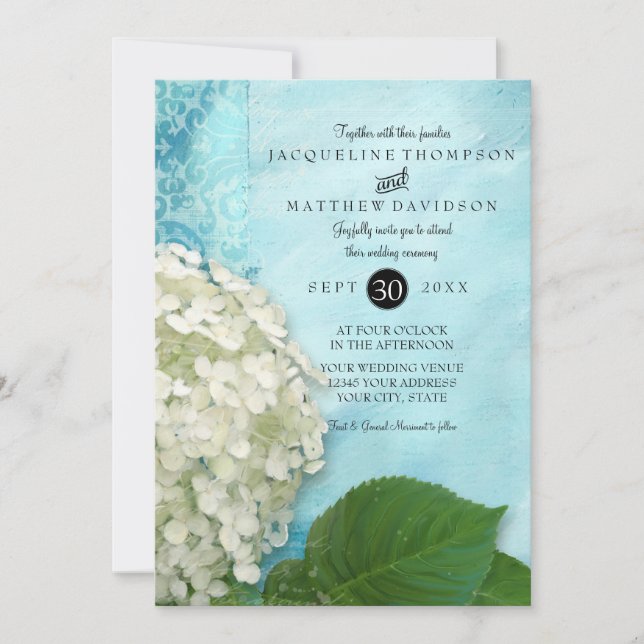 Elegante White Hydrangea Floral Blue White Wedding Einladung (Vorderseite)