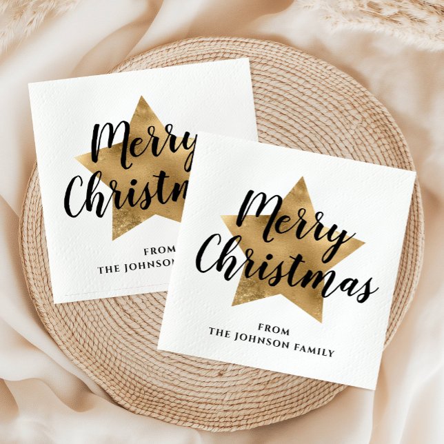 Elegante White Imitats Gold Star Frohe Weihnachten Serviette (Elegant White Faux Gold Star Merry Christmas Napkins)