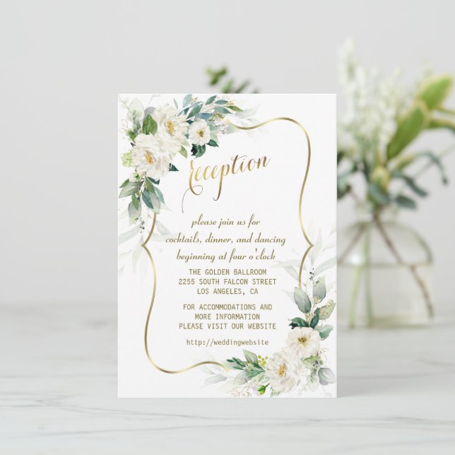 Elegante White Ivory Blume Gold Hochzeit Empfang Einladung (Stehend Vorderseite)