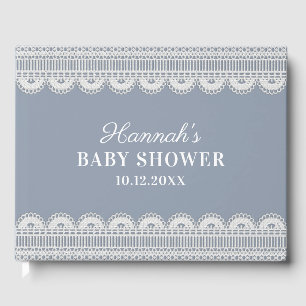 Elegante White Lace Dusty Blue Baby Dusche Gästebuch