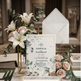 Elegante White Lily & Eukalyptus Floral Wedding Einladung