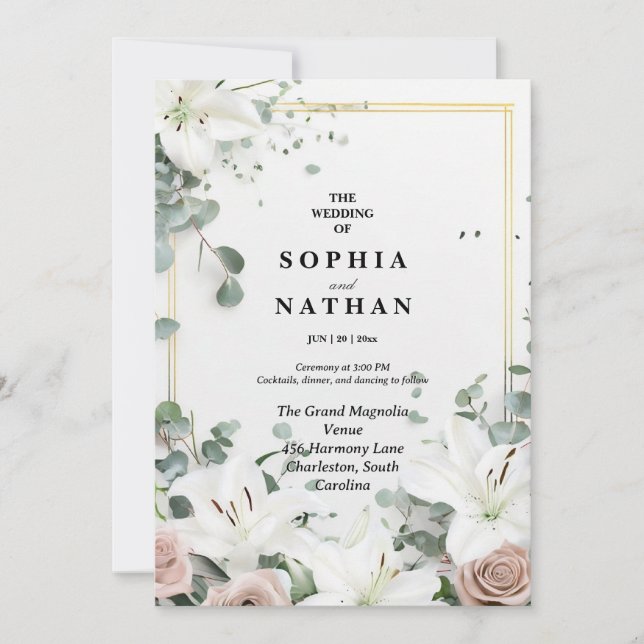 Elegante White Lily & Eukalyptus Floral Wedding Einladung (Vorderseite)