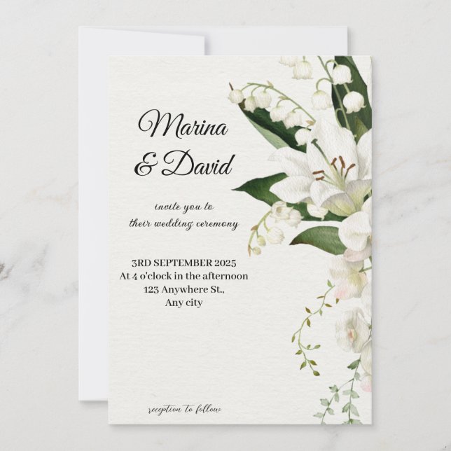 Elegante White Lily Floral Wedding Einladung (Vorderseite)