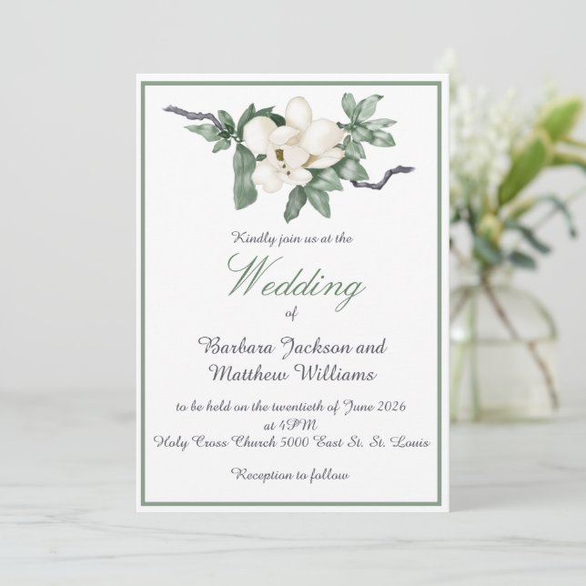Elegante White Magnolia Blossom Hochzeit Einladung (Stehend Vorderseite)