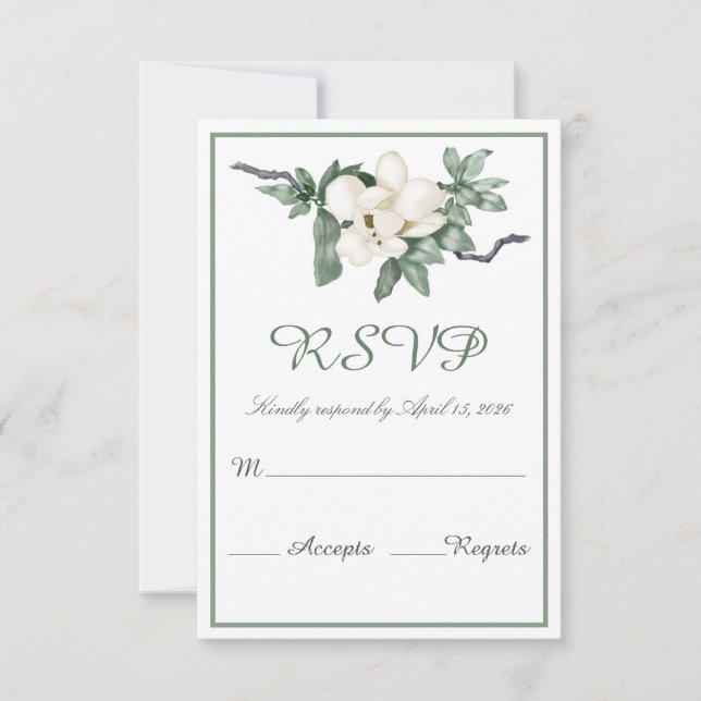 Elegante White Magnolia Blossom Hochzeit RSVP Karte (Vorderseite)