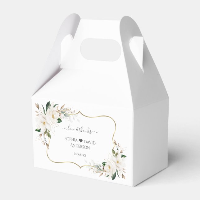 Elegante White Magnolia Blume Goldene Hochzeit Geschenkschachtel (Rückseite)