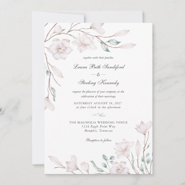 Elegante White Magnolia Einladung zur Hochzeit (Vorderseite)