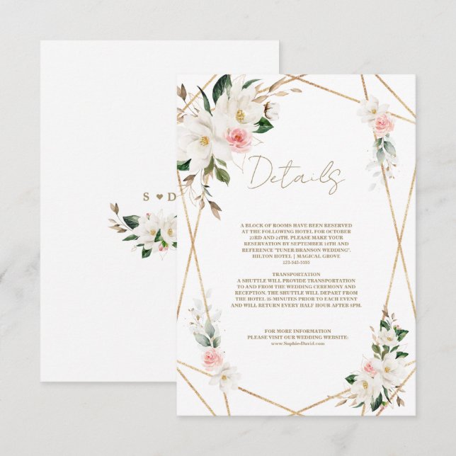 Elegante White Magnolia Gold Hochzeit Details Begleitkarte (Vorne/Hinten)