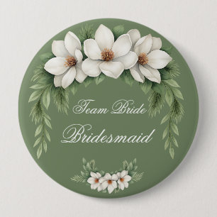 Elegante White Magnolia Winter Wedding Pine Tree Button