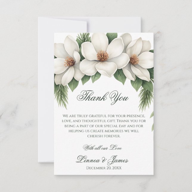 Elegante White Magnolia Winter Wedding Pine Tree Dankeskarte (Vorderseite)