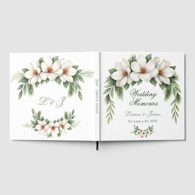 Elegante White Magnolia Winter Wedding Pine Tree Gästebuch (Voll)