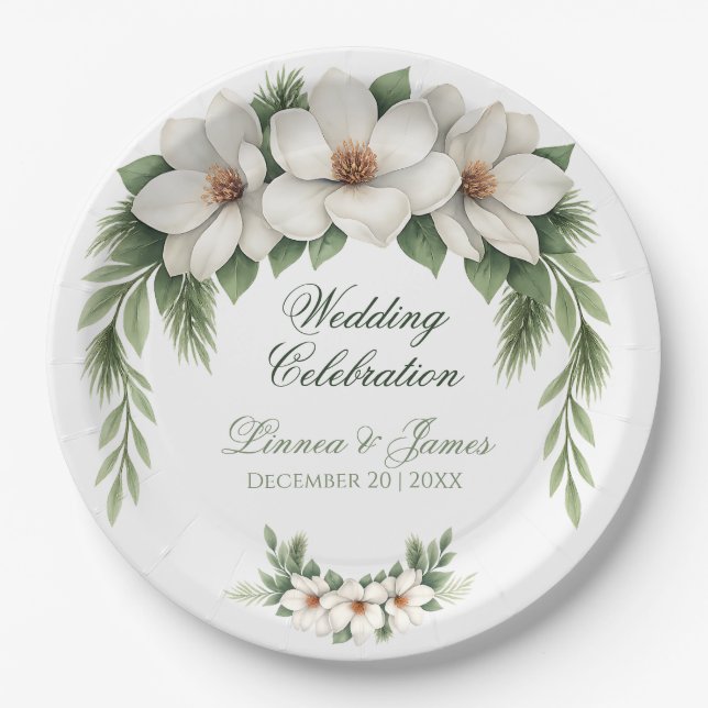 Elegante White Magnolia Winter Wedding Pine Tree Pappteller (Vorderseite)